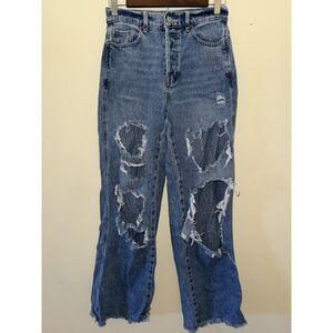 PacSun Heavily Distressed Baggy Jeans High Rise Button Fly Blue Women's Size 25